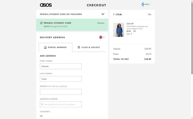 ASOS checkout page showing ASOS promo code box | Screenshot taken by SimplyCodes community member on Aug 28, 2025