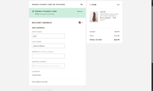 ASOS checkout page showing ASOS promo code box | Screenshot taken by SimplyCodes community member on Aug 21, 2025