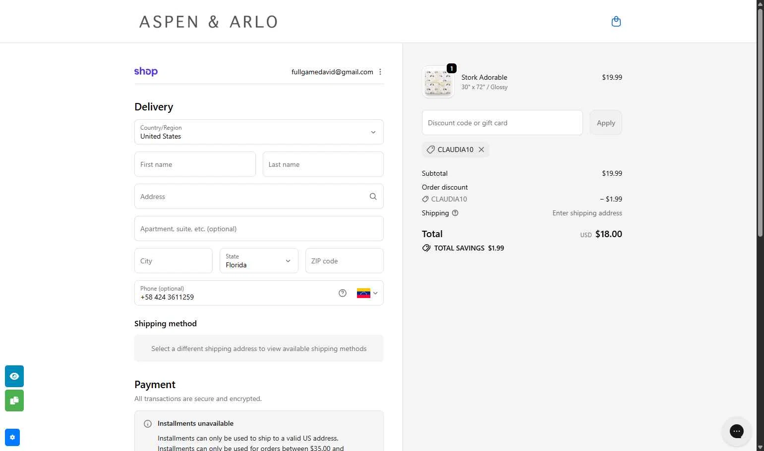 Aspen & Arlo checkout page showing Aspen & Arlo discount code box | Screenshot taken by SimplyCodes community member on Jan 17, 2026