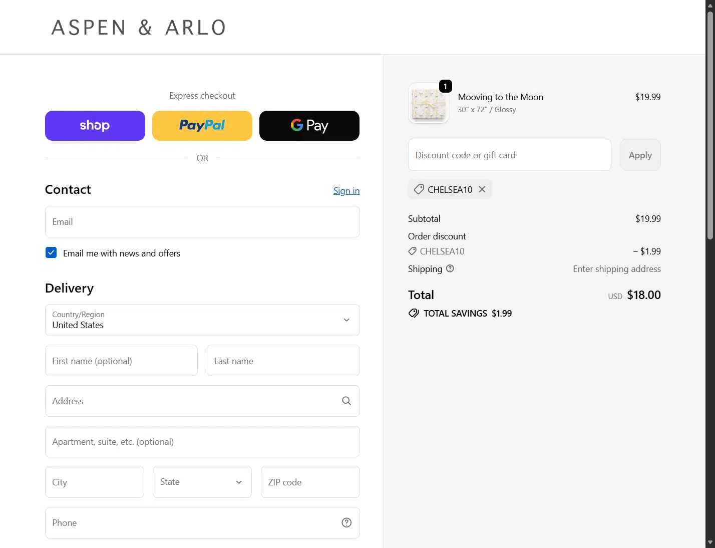 Aspen & Arlo checkout page showing Aspen & Arlo discount code box | Screenshot taken by SimplyCodes community member on Jan 23, 2026