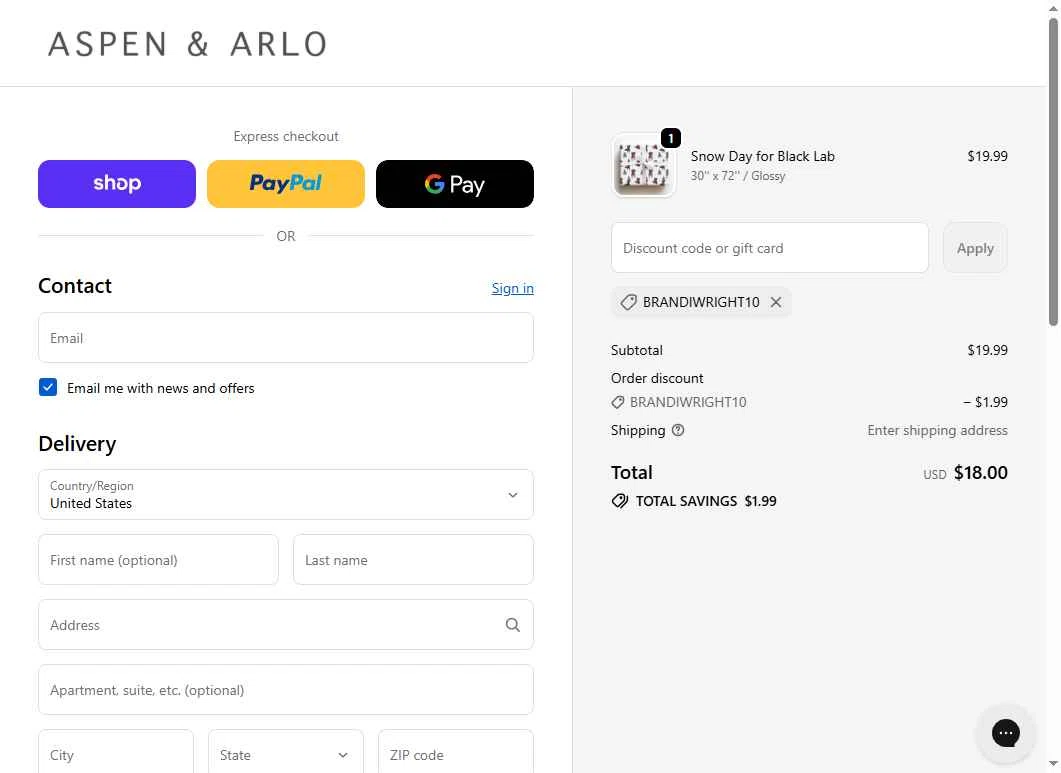 Aspen & Arlo checkout page showing Aspen & Arlo discount code box | Screenshot taken by SimplyCodes community member on Feb 6, 2026
