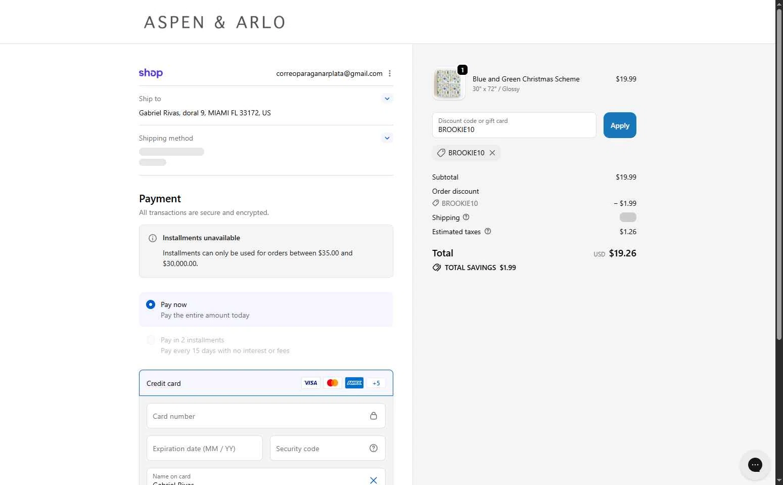 Aspen & Arlo checkout page showing Aspen & Arlo discount code box | Screenshot taken by SimplyCodes community member on Feb 6, 2026