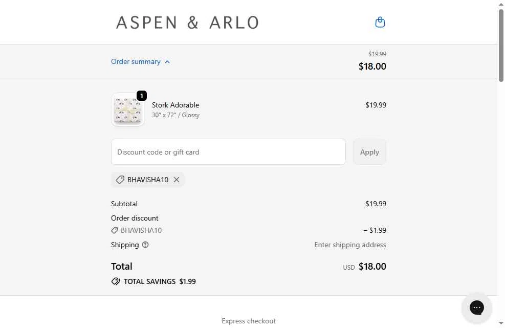 Aspen & Arlo checkout page showing Aspen & Arlo discount code box | Screenshot taken by SimplyCodes community member on Jan 28, 2026