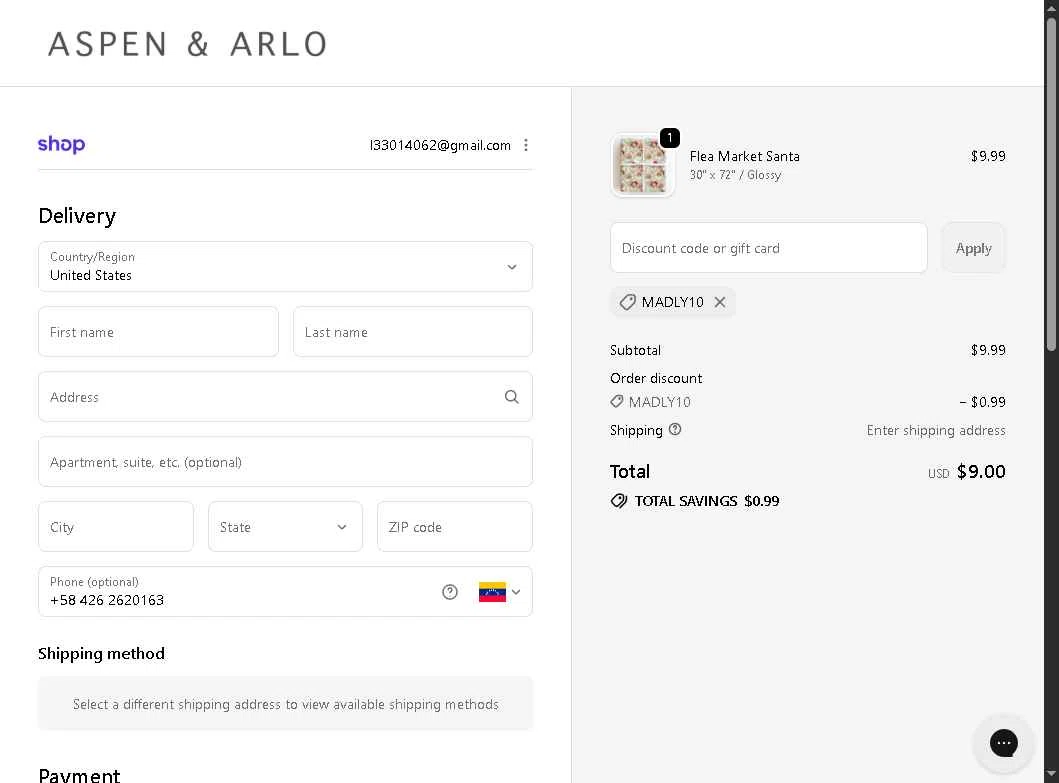 Aspen & Arlo checkout page showing Aspen & Arlo discount code box | Screenshot taken by SimplyCodes community member on Jan 22, 2026