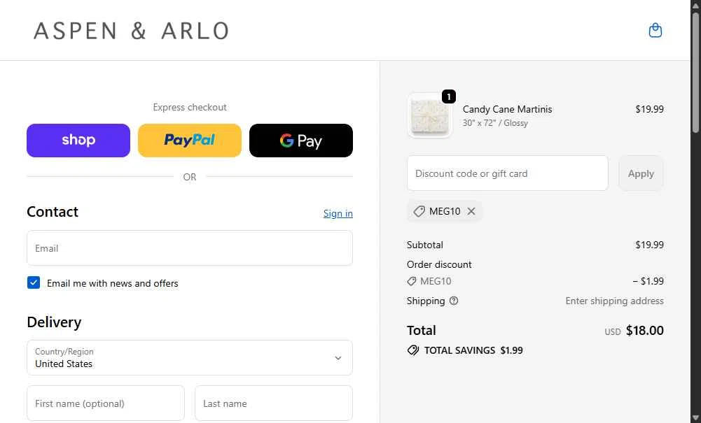 Aspen & Arlo checkout page showing Aspen & Arlo discount code box | Screenshot taken by SimplyCodes community member on Jan 19, 2026