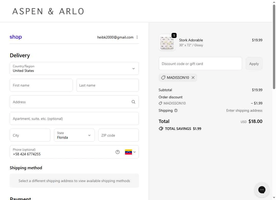 Aspen & Arlo checkout page showing Aspen & Arlo discount code box | Screenshot taken by SimplyCodes community member on Jan 28, 2026