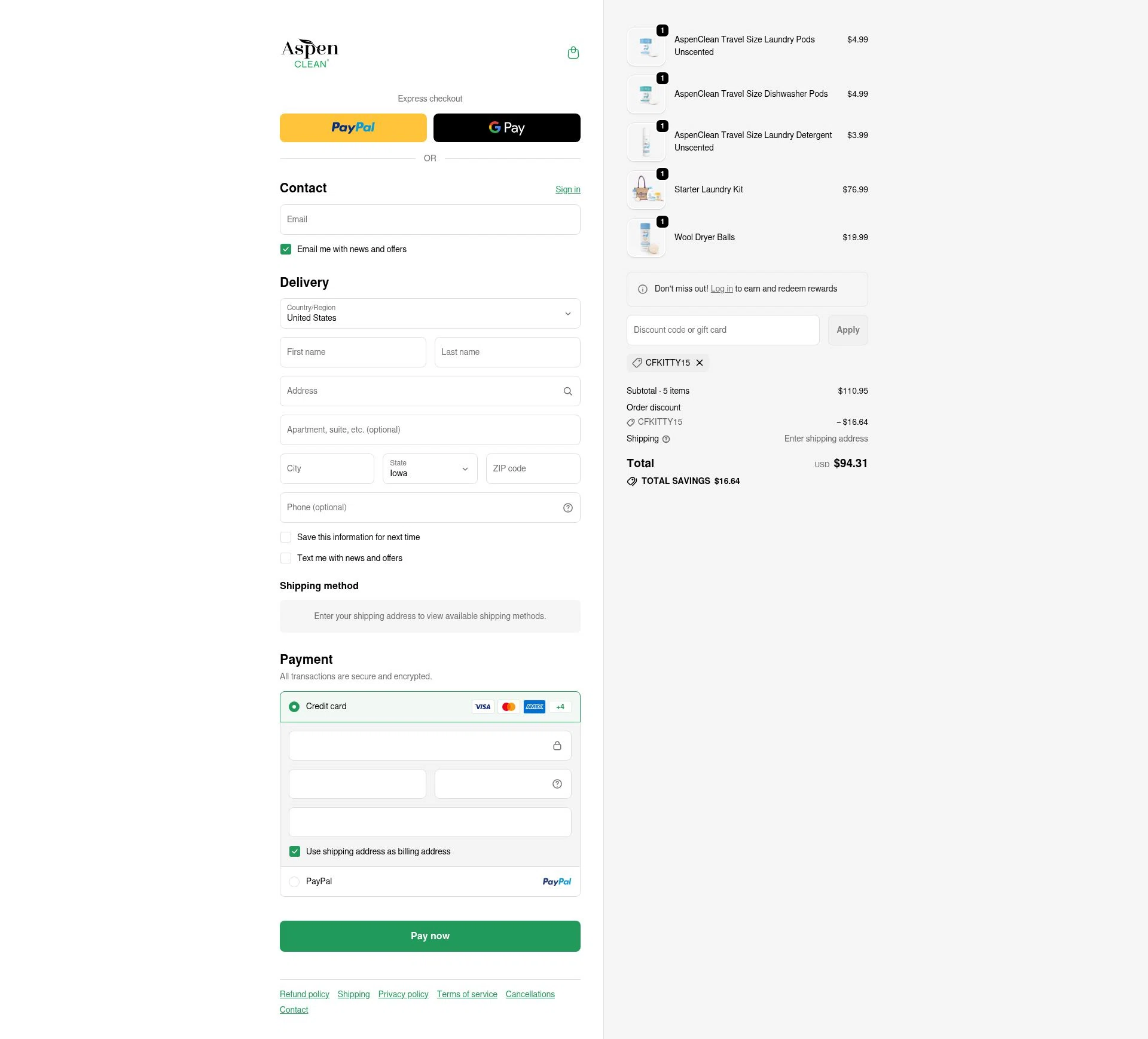 AspenClean checkout page showing AspenClean promo code box | Screenshot taken by SimplyCodes community member on Feb 5, 2026