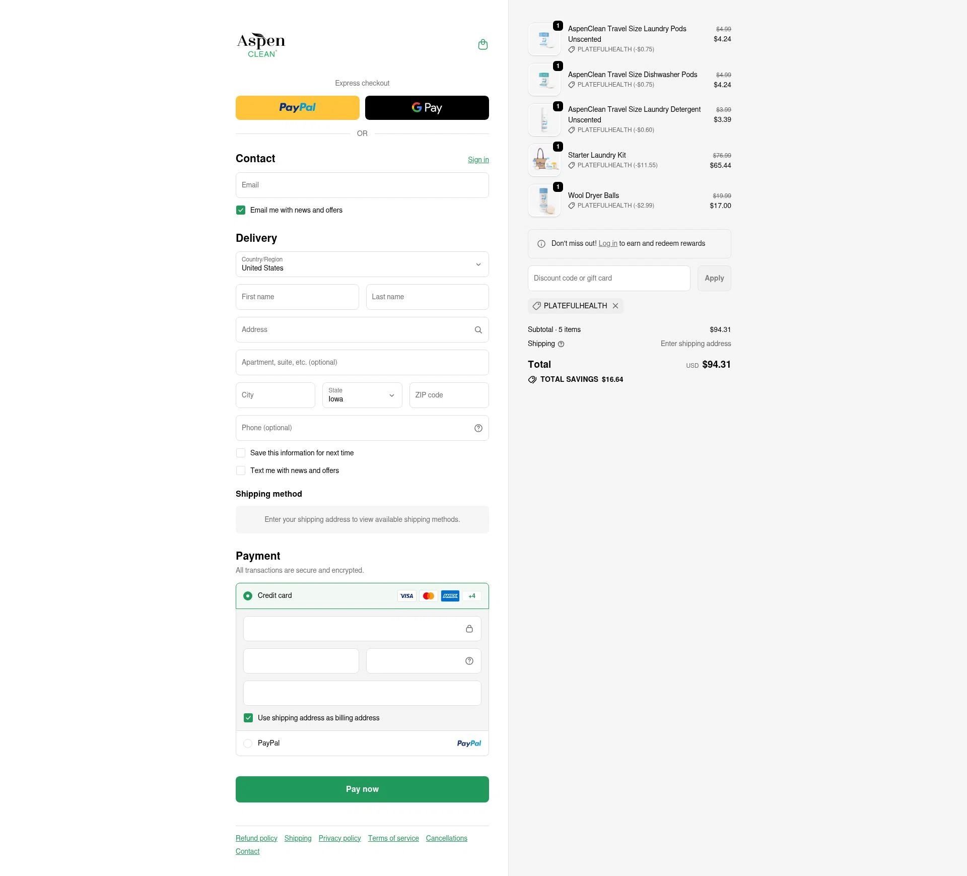 AspenClean checkout page showing AspenClean promo code box | Screenshot taken by SimplyCodes community member on Feb 5, 2026