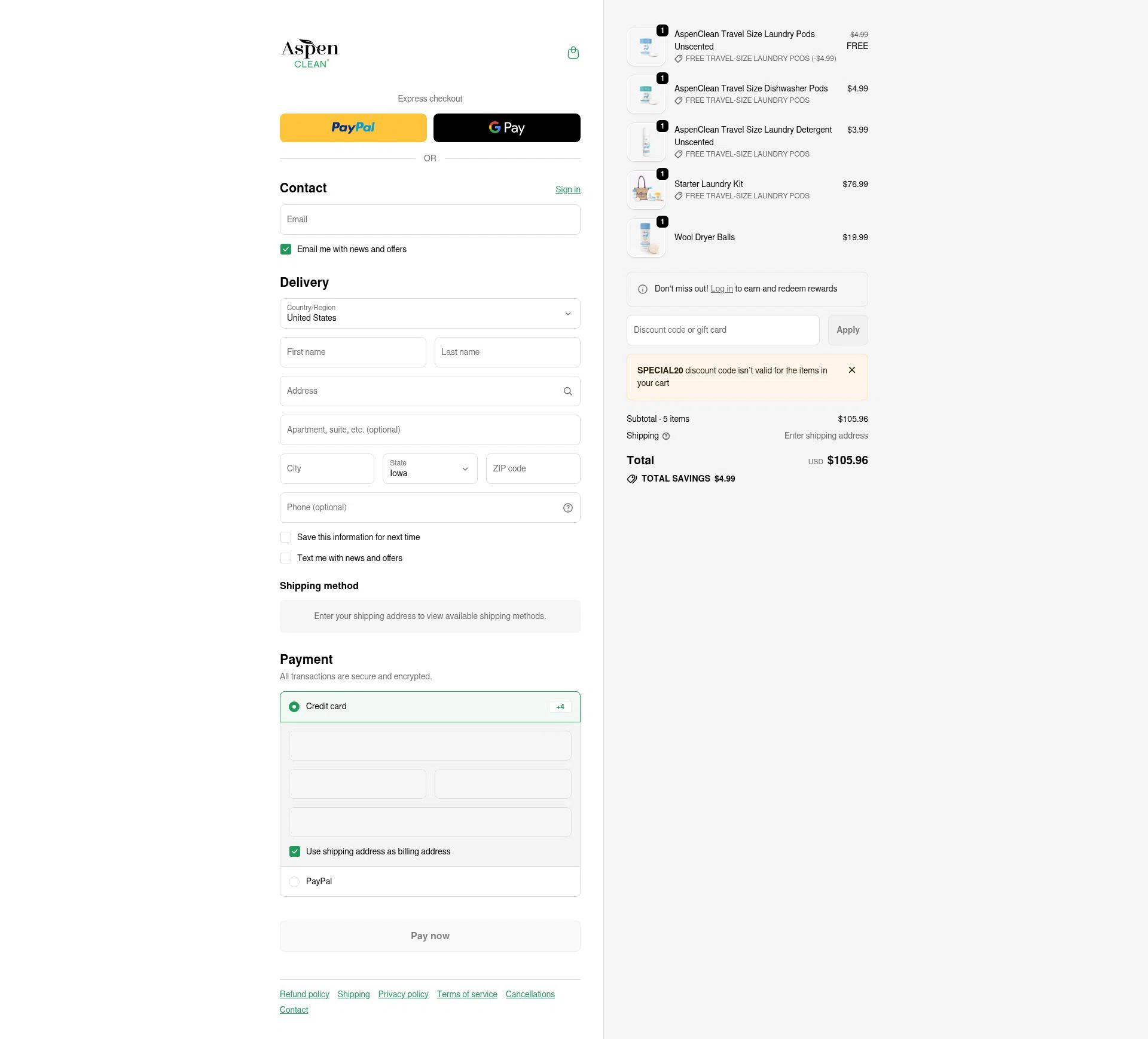 AspenClean checkout page showing AspenClean promo code box | Screenshot taken by SimplyCodes community member on Feb 5, 2026