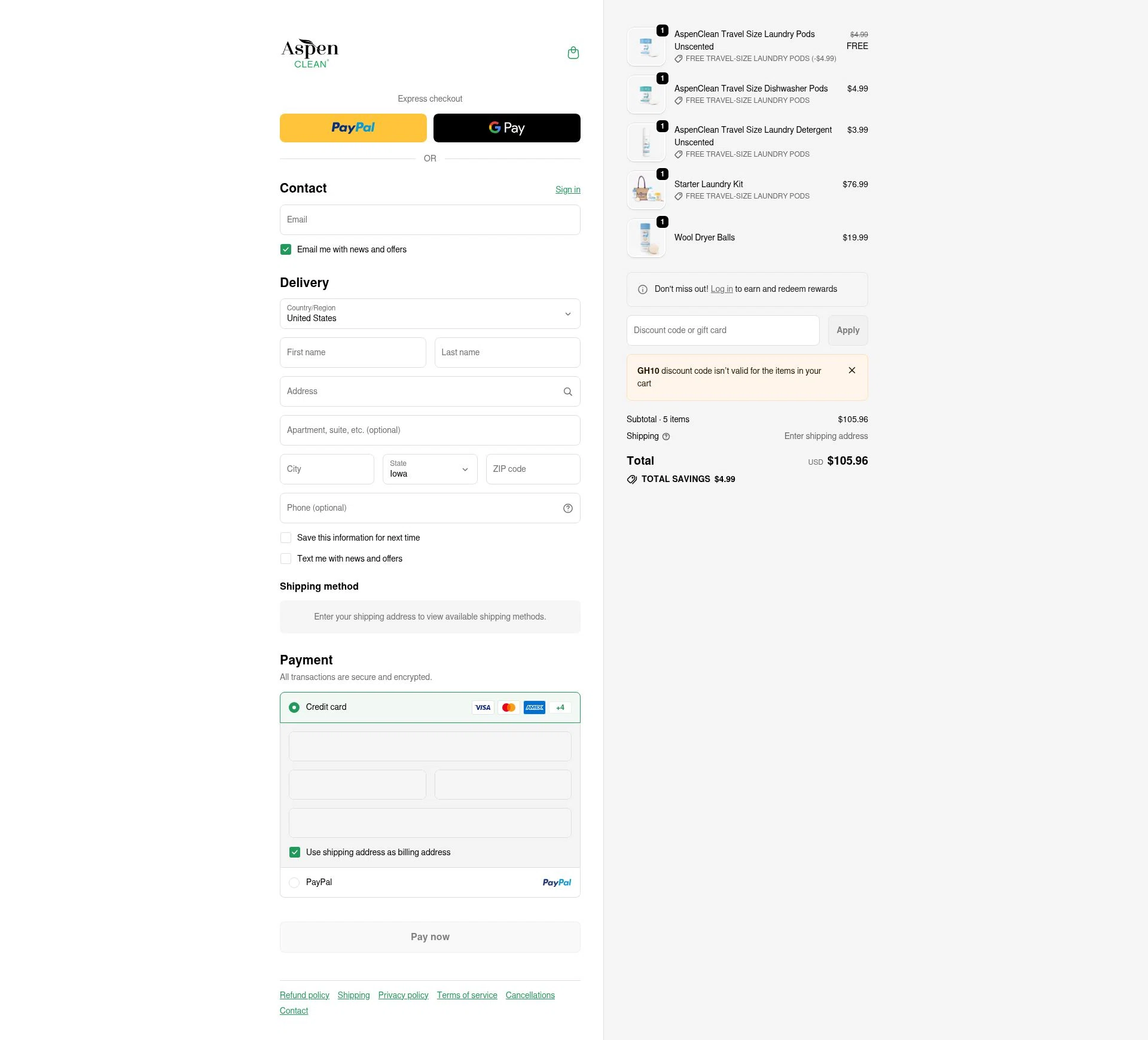 AspenClean checkout page showing AspenClean promo code box | Screenshot taken by SimplyCodes community member on Feb 5, 2026