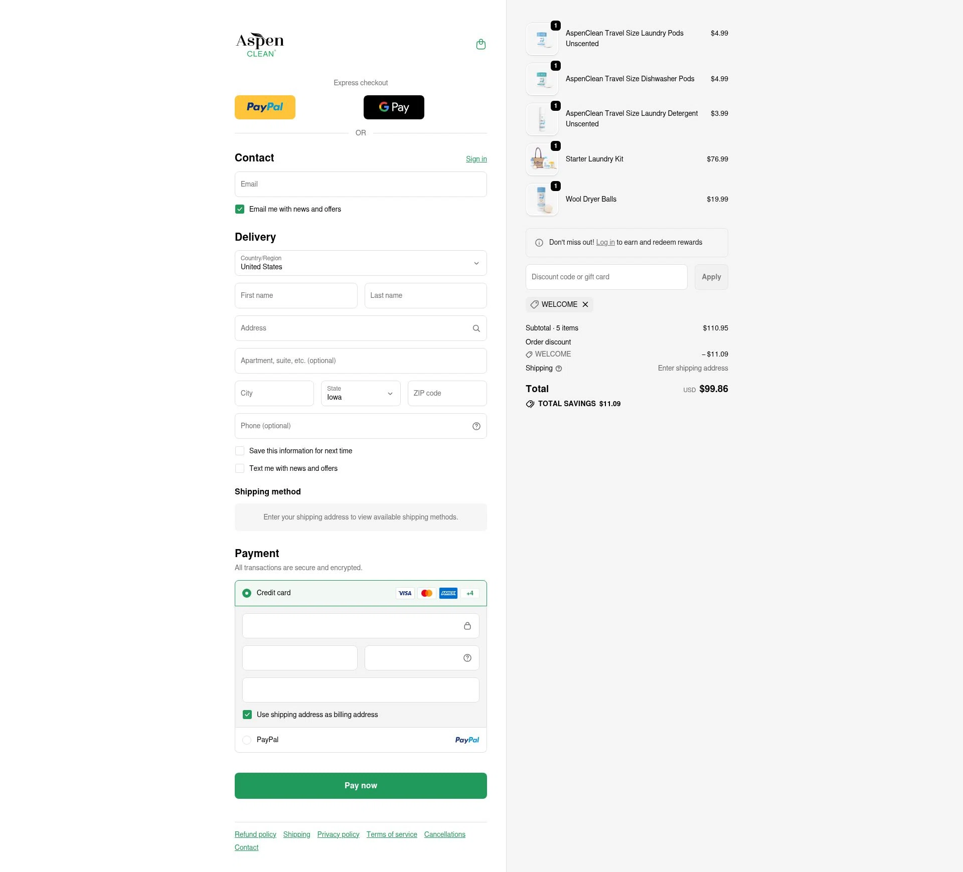 AspenClean checkout page showing AspenClean promo code box | Screenshot taken by SimplyCodes community member on Feb 5, 2026