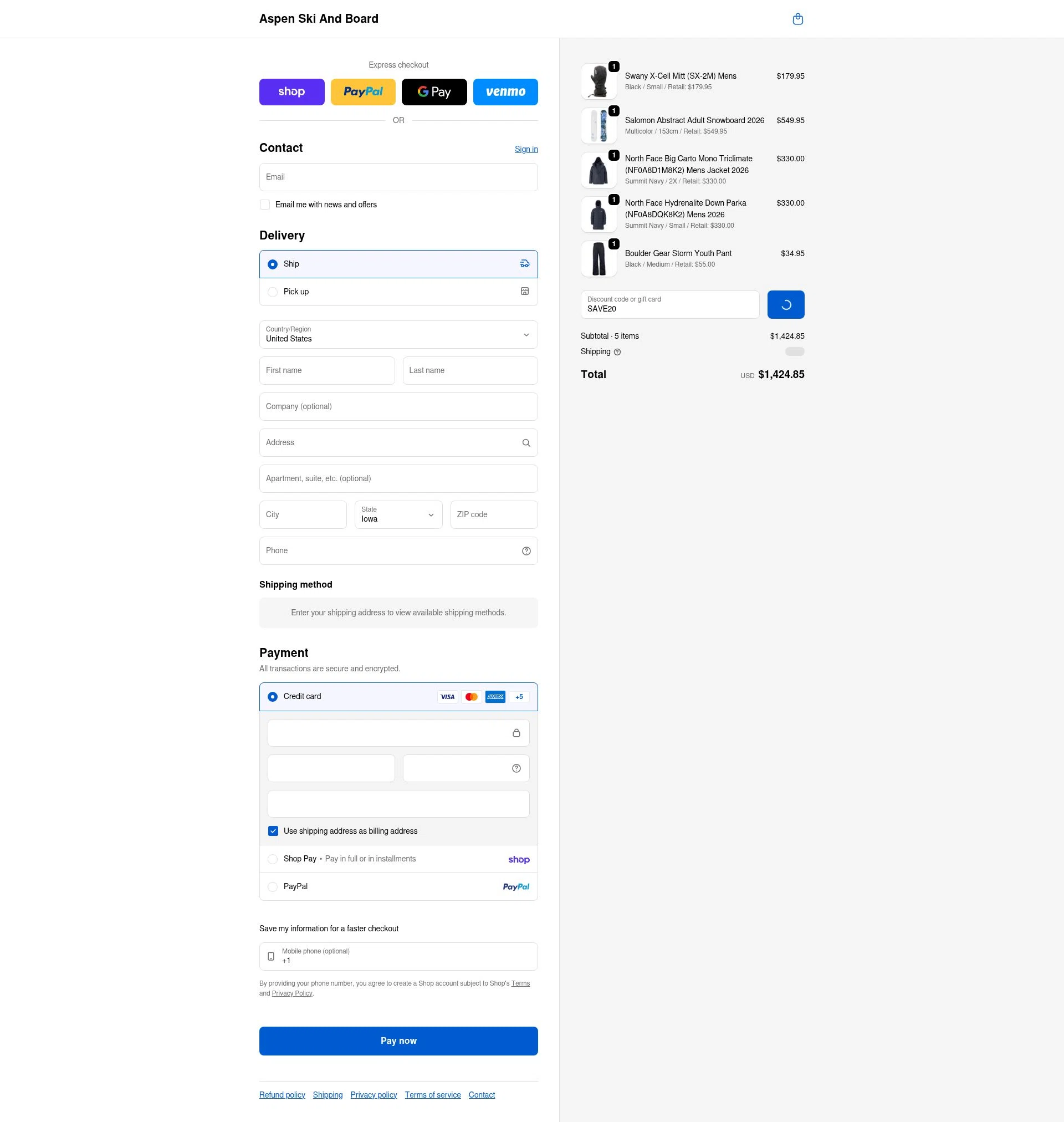 Aspen Ski and Board checkout page showing Aspen Ski and Board discount code box | Screenshot taken by SimplyCodes community member on Feb 7, 2026