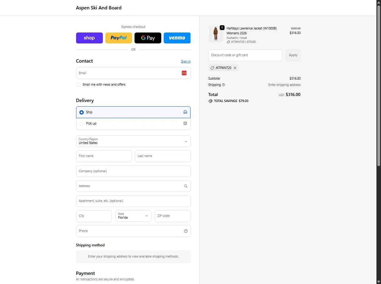 Aspen Ski and Board checkout page showing Aspen Ski and Board discount code box | Screenshot taken by SimplyCodes community member on Dec 3, 2025