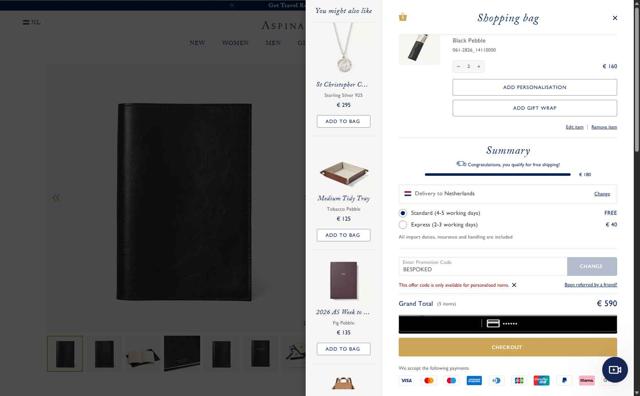 Aspinal of London checkout page showing Aspinal of London discount code box | Screenshot taken by SimplyCodes community member on Aug 31, 2025