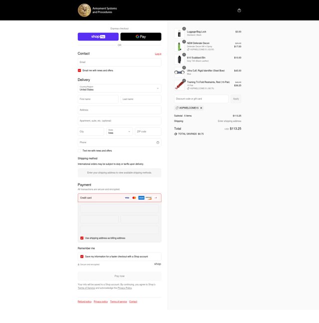 ASP Law Enforcement checkout page showing ASP Law Enforcement promo code box | Screenshot taken by SimplyCodes community member on Aug 23, 2025