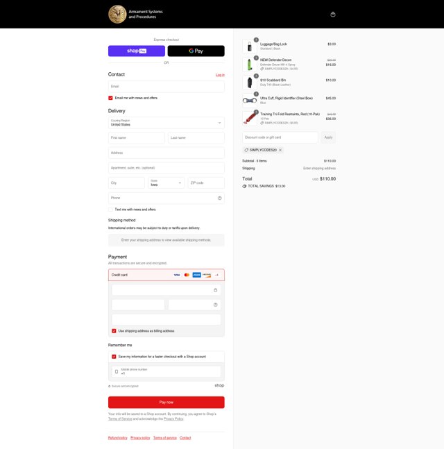 ASP Law Enforcement checkout page showing ASP Law Enforcement promo code box | Screenshot taken by SimplyCodes community member on Aug 17, 2025