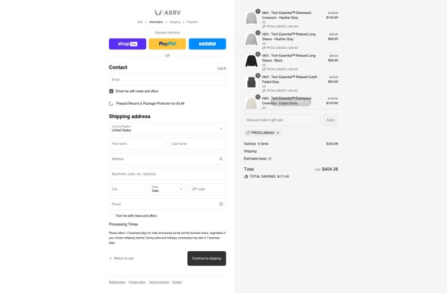 ASRV checkout page showing ASRV discount code box | Screenshot taken by SimplyCodes community member on Aug 25, 2025