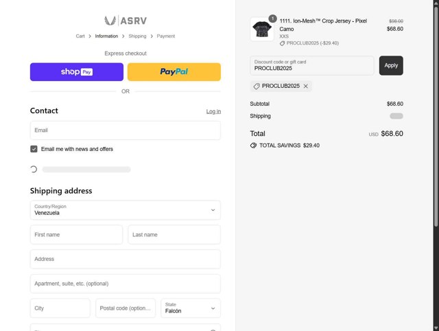 ASRV checkout page showing ASRV discount code box | Screenshot taken by SimplyCodes community member on Aug 26, 2025