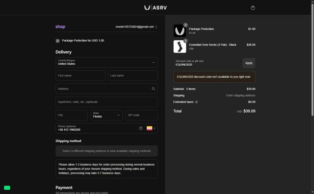 ASRV checkout page showing ASRV discount code box | Screenshot taken by SimplyCodes community member on Aug 29, 2025