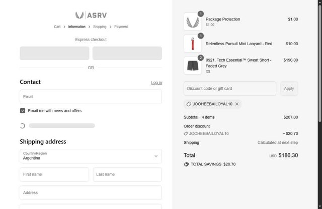 ASRV checkout page showing ASRV discount code box | Screenshot taken by SimplyCodes community member on Aug 22, 2025