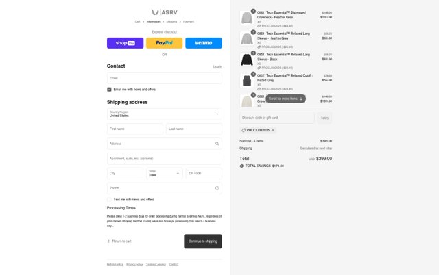 ASRV checkout page showing ASRV discount code box | Screenshot taken by SimplyCodes community member on Aug 25, 2025