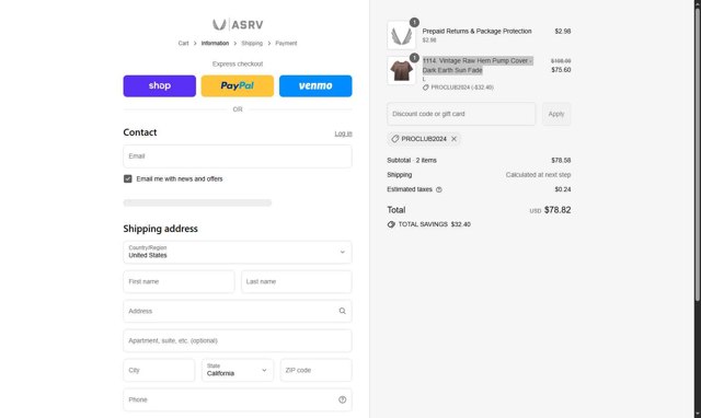 ASRV checkout page showing ASRV discount code box | Screenshot taken by SimplyCodes community member on Aug 29, 2025