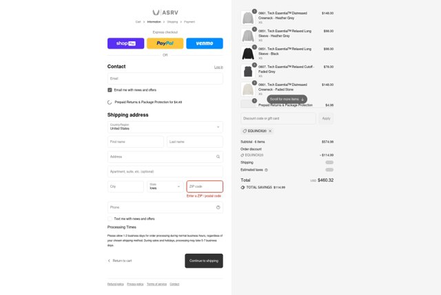 ASRV checkout page showing ASRV discount code box | Screenshot taken by SimplyCodes community member on Aug 25, 2025