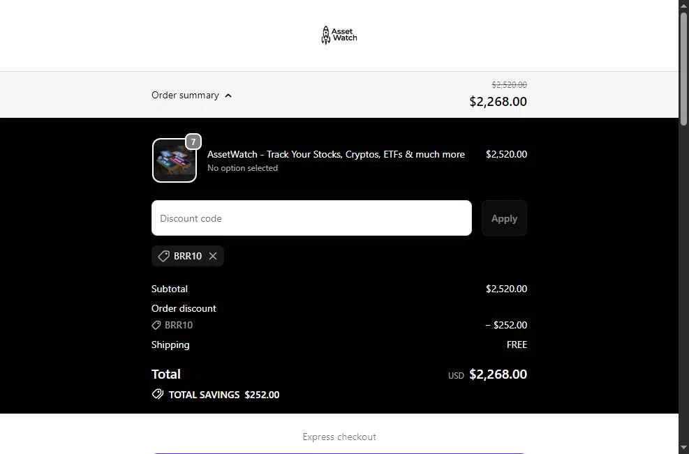 assetwatch checkout page showing assetwatch promo code box | Screenshot taken by SimplyCodes community member on Feb 21, 2026