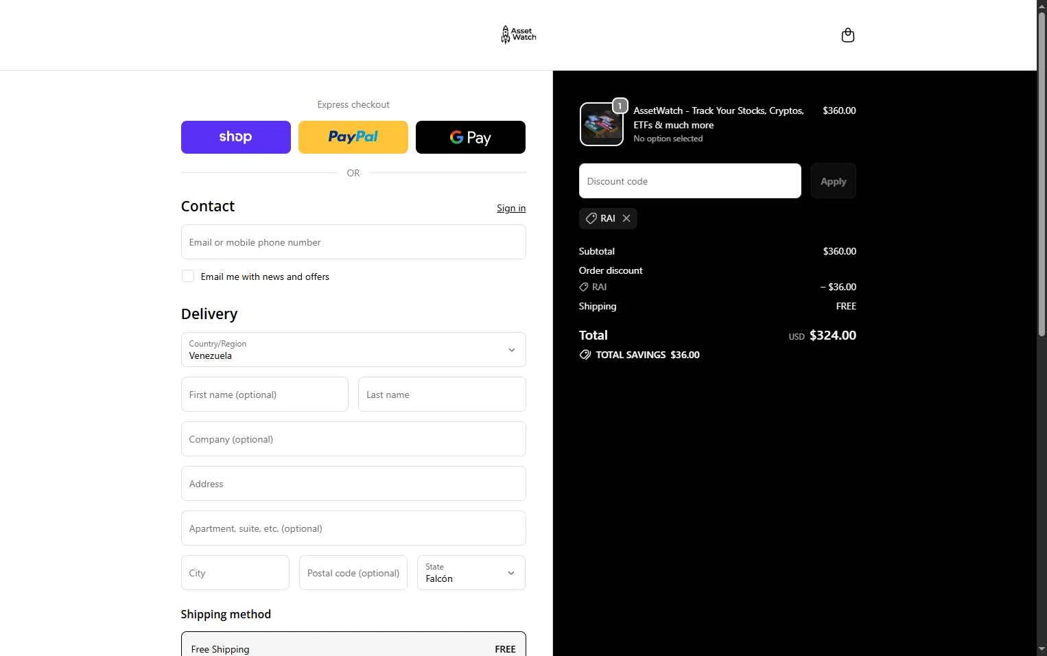assetwatch checkout page showing assetwatch promo code box | Screenshot taken by SimplyCodes community member on Feb 21, 2026
