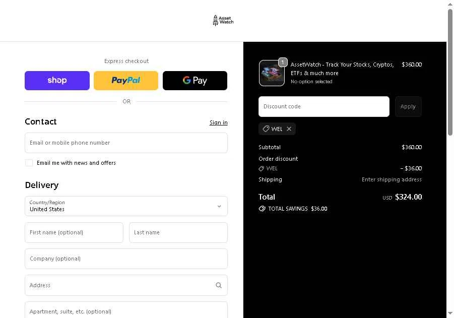 assetwatch checkout page showing assetwatch promo code box | Screenshot taken by SimplyCodes community member on Feb 21, 2026