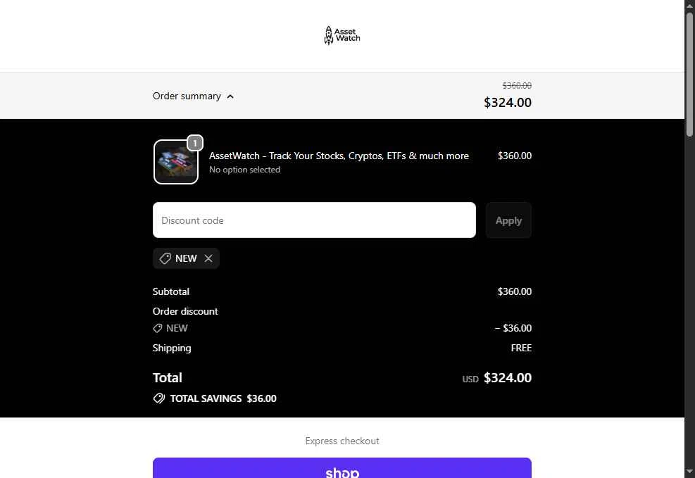 assetwatch checkout page showing assetwatch promo code box | Screenshot taken by SimplyCodes community member on Feb 21, 2026