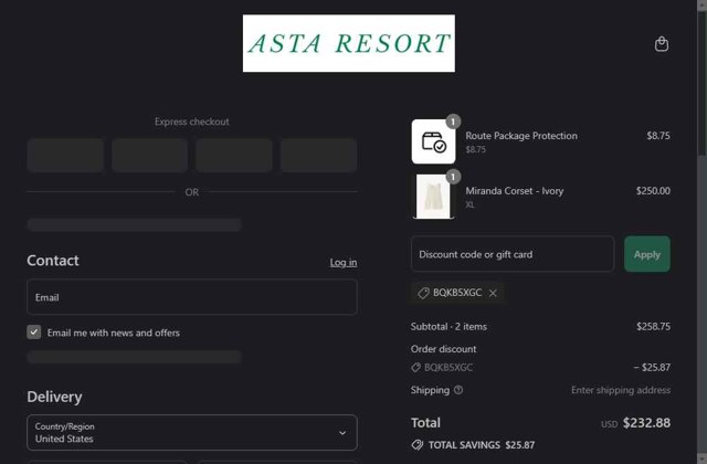 Asta Resort checkout page showing Asta Resort discount code box | Screenshot taken by SimplyCodes community member on Aug 5, 2025