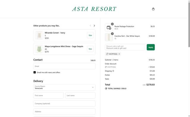 Asta Resort checkout page showing Asta Resort discount code box | Screenshot taken by SimplyCodes community member on Sep 1, 2025