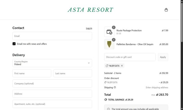 Asta Resort checkout page showing Asta Resort discount code box | Screenshot taken by SimplyCodes community member on Aug 12, 2025