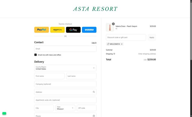Asta Resort checkout page showing Asta Resort discount code box | Screenshot taken by SimplyCodes community member on Aug 15, 2025