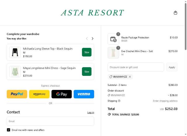 Asta Resort checkout page showing Asta Resort discount code box | Screenshot taken by SimplyCodes community member on Sep 7, 2025