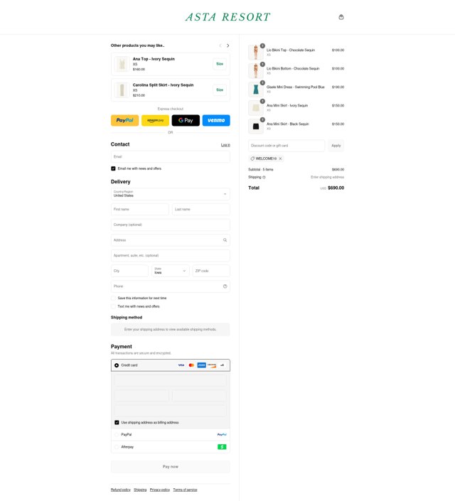 Asta Resort checkout page showing Asta Resort discount code box | Screenshot taken by SimplyCodes community member on Aug 21, 2025