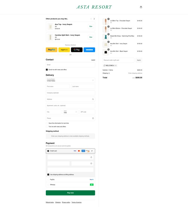 Asta Resort checkout page showing Asta Resort discount code box | Screenshot taken by SimplyCodes community member on Aug 25, 2025