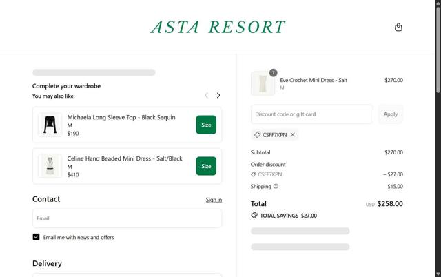 Asta Resort checkout page showing Asta Resort discount code box | Screenshot taken by SimplyCodes community member on Sep 11, 2025