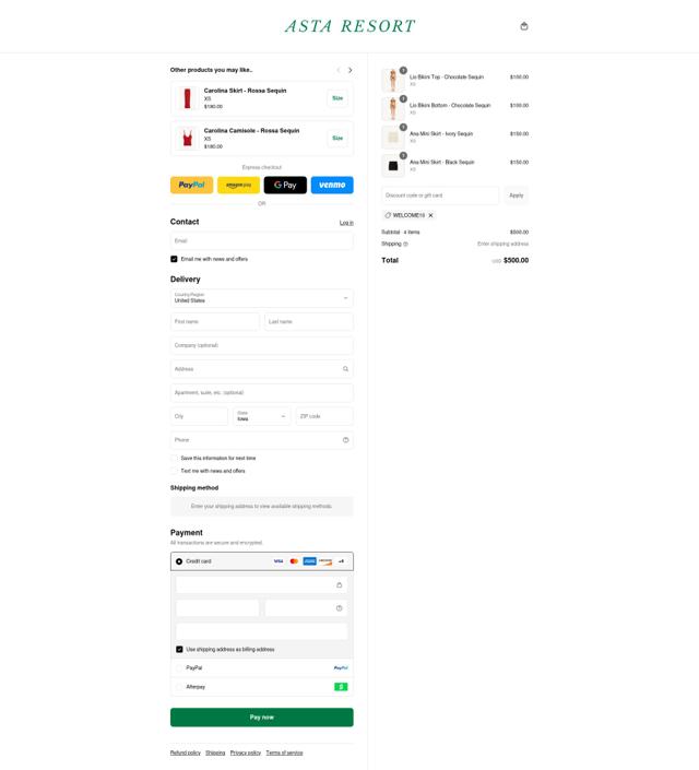 Asta Resort checkout page showing Asta Resort discount code box | Screenshot taken by SimplyCodes community member on Sep 2, 2025