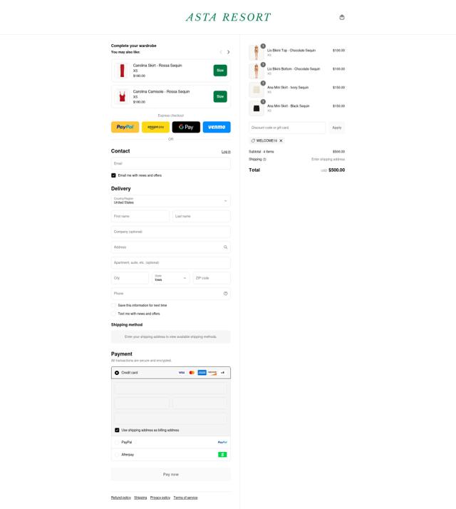 Asta Resort checkout page showing Asta Resort discount code box | Screenshot taken by SimplyCodes community member on Sep 7, 2025