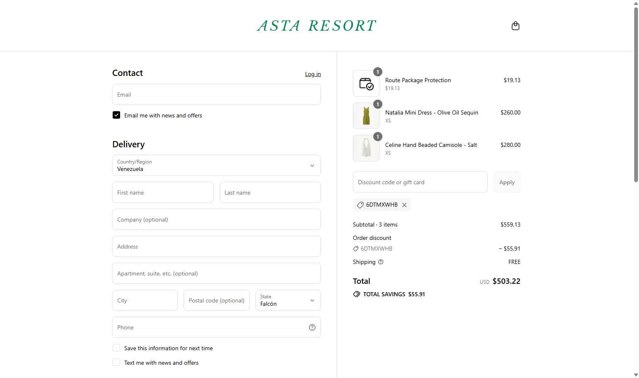 Asta Resort checkout page showing Asta Resort discount code box | Screenshot taken by SimplyCodes community member on Aug 4, 2025
