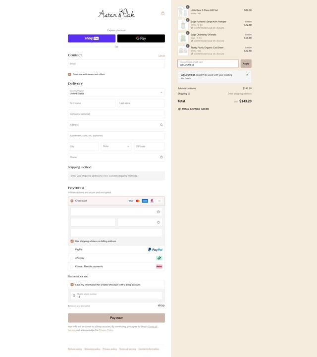 Aster & Oak checkout page showing Aster & Oak promo code box | Screenshot taken by SimplyCodes community member on Feb 3, 2025