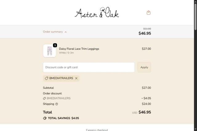 Aster & Oak checkout page showing Aster & Oak promo code box | Screenshot taken by SimplyCodes community member on Oct 3, 2025