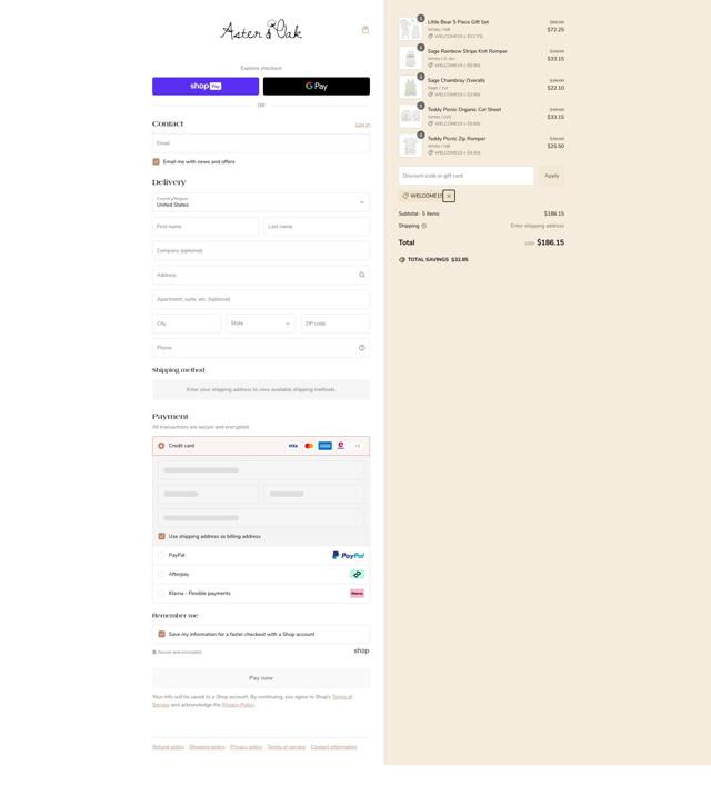 Aster & Oak checkout page showing Aster & Oak promo code box | Screenshot taken by SimplyCodes community member on Feb 25, 2025