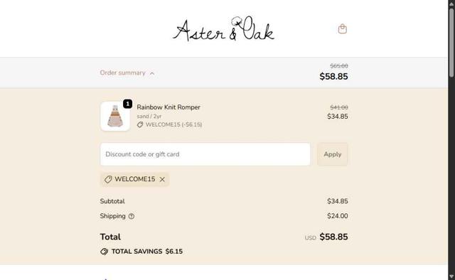 Aster & Oak checkout page showing Aster & Oak promo code box | Screenshot taken by SimplyCodes community member on Sep 22, 2025