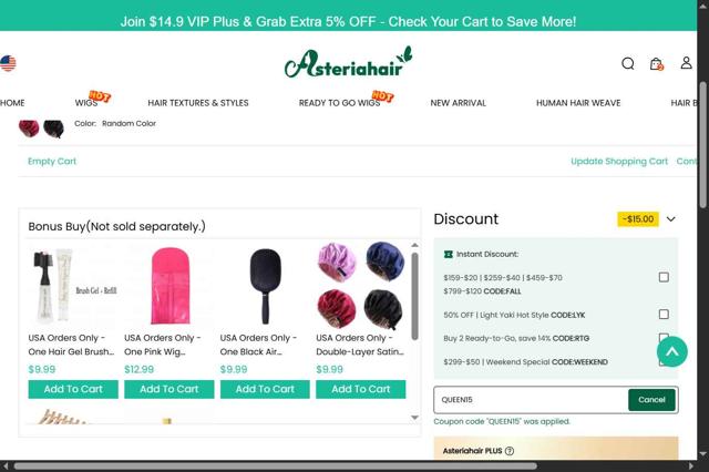 Asteria Hair checkout page showing Asteria Hair coupon code box | Screenshot taken by SimplyCodes community member on Aug 30, 2025
