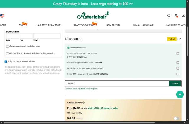 Asteria Hair checkout page showing Asteria Hair coupon code box | Screenshot taken by SimplyCodes community member on Aug 30, 2025
