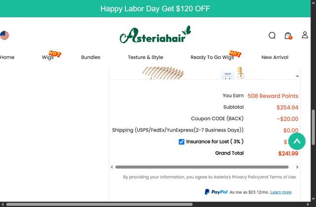 Asteria Hair checkout page showing Asteria Hair coupon code box | Screenshot taken by SimplyCodes community member on Sep 9, 2025