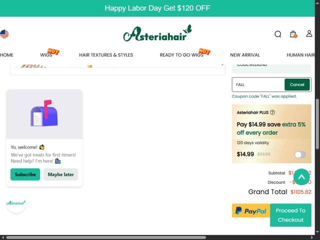Asteria Hair checkout page showing Asteria Hair coupon code box | Screenshot taken by SimplyCodes community member on Aug 30, 2025